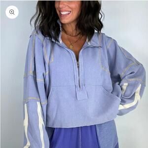 POL Cropped Waffle Knit Thermal Pullover Half Zip High Neck Periwinkle Large